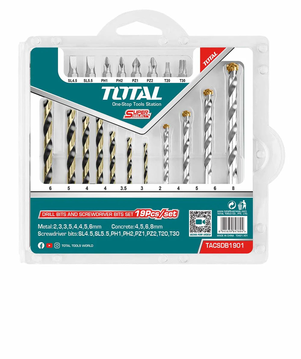 TOTAL TACSDB1901 19 Pc Drill & Screwdriver Bit Set Total